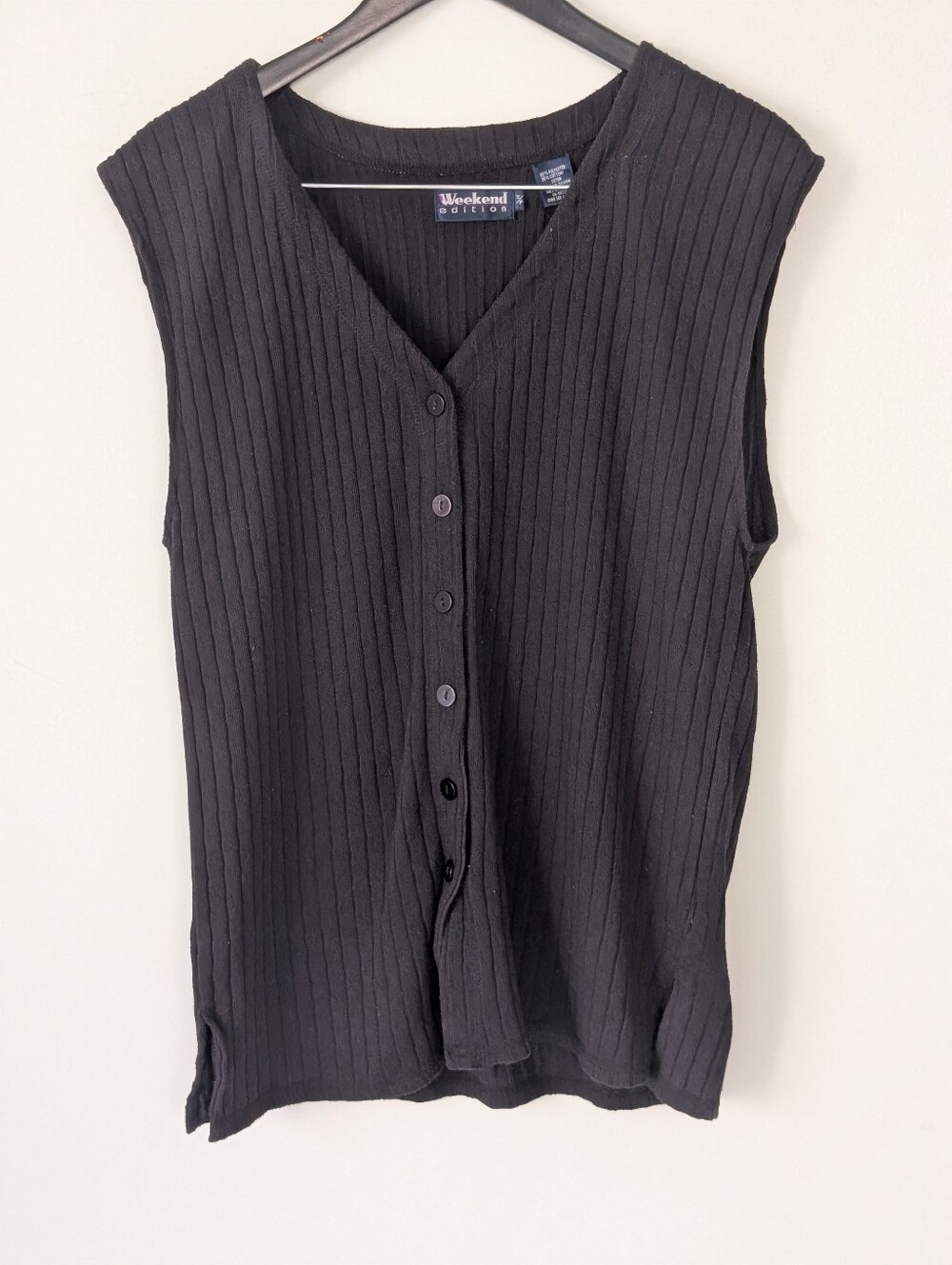 Vintage Weekend Edition Black Ribbed Knit Button Front Vest Top S (Fits L)